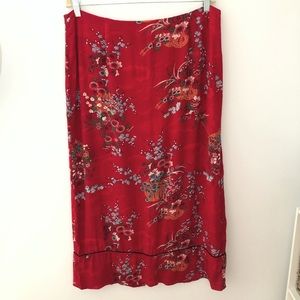 Vintage Red Floral Midi Skirt with Slit